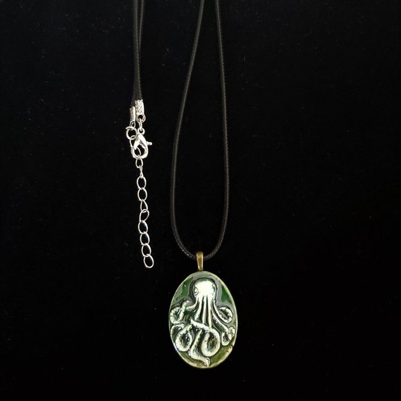 Handmade Ceramic Bottle Green Octopus Kraken Pendant Necklace - Picture 3 of 11